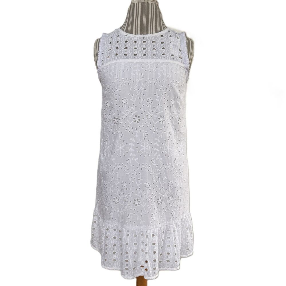 LOFT Dress Women's Size 0 White Eyelet Floral Sleeveless Ruffle Hem Lined NWT
